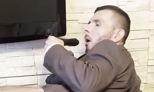 Businessman In Suit And Bind And Sheer Socks Spreads His arse During Home Office Till agonorgasmos