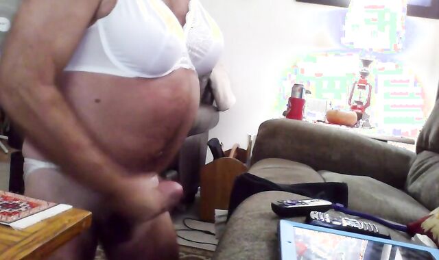 Crossdresser Strokes Big Cock to Orgasm in White Lingerie