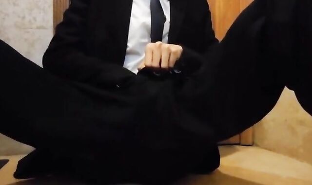 Bareback Student in the WC Takes a Cum Tribute Handjob 2