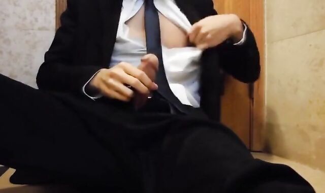 Bareback Student in the WC Takes a Cum Tribute Handjob 2