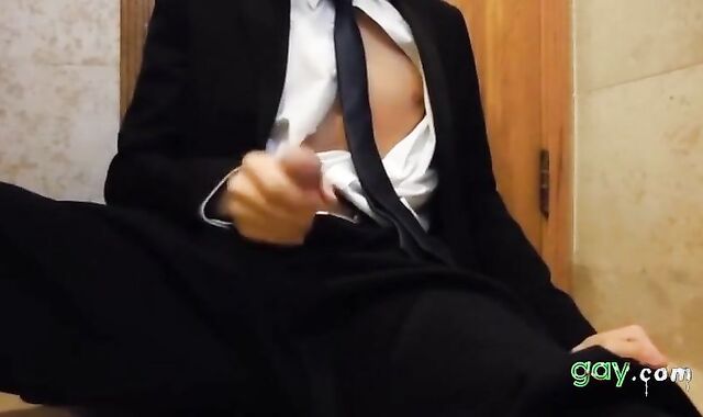 Bareback Student in the WC Takes a Cum Tribute Handjob 2