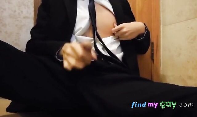 Bareback Student in the WC Takes a Cum Tribute Handjob 2