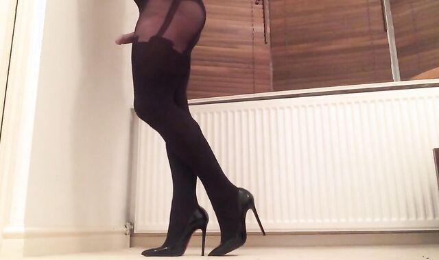 Black Suspender Pantyhose - Amateur Big Cock Crossdresser