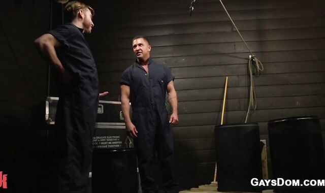 Gay slave bound and edged in threesome