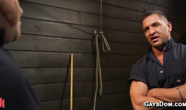 Gay slave bound and edged in threesome