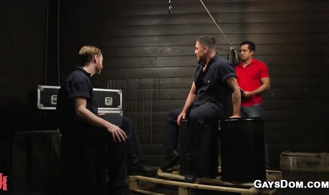 Gay slave bound and edged in threesome