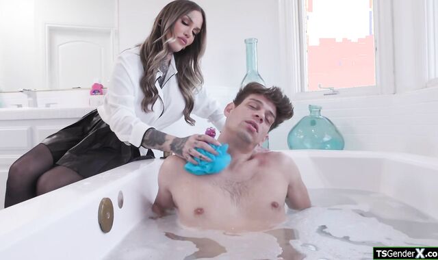 Busty trans stepmom jerking her stepson