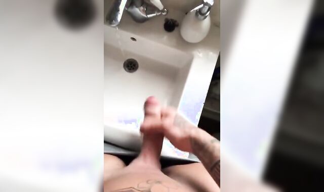 Tattooed Hunk Strokes His Big Cock Alone