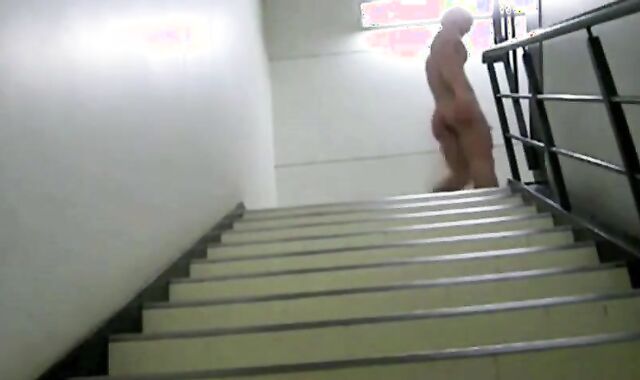 Hunk Asian Muscle Boy Strokes in Public Stairwell