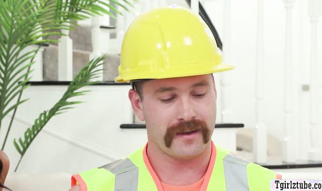 Construction worker drills the ass of two horny TS