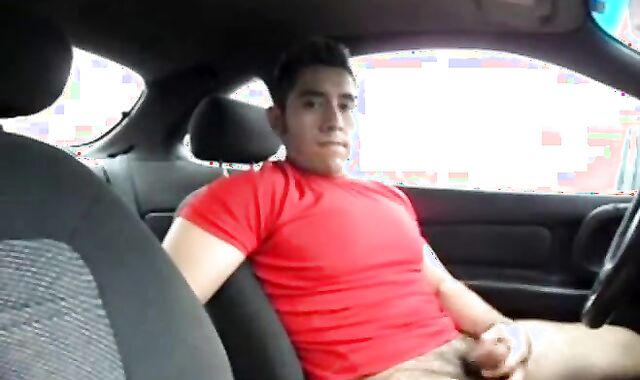 Hairy Latino Stud Strokes in His Car