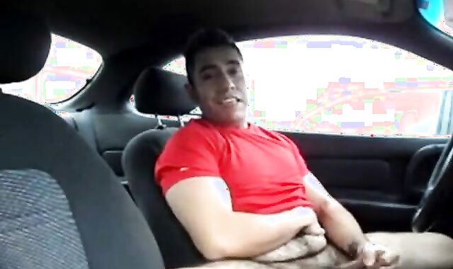 Hairy Latino Stud Strokes in His Car