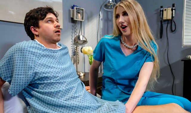 Busty trans nurse handles patients boner