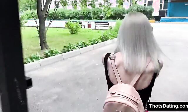 Hot Blonde in Red Skirt Sucks Cock on Balcony