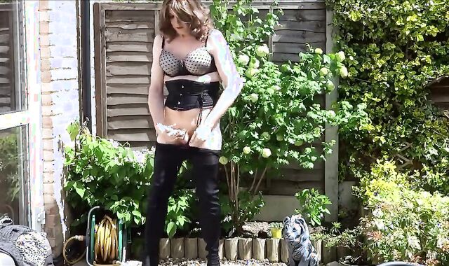 Thigh-booted Crossdresser Strokes Outdoors 3