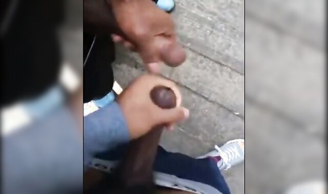 Black amateurs stroke big cocks outdoors