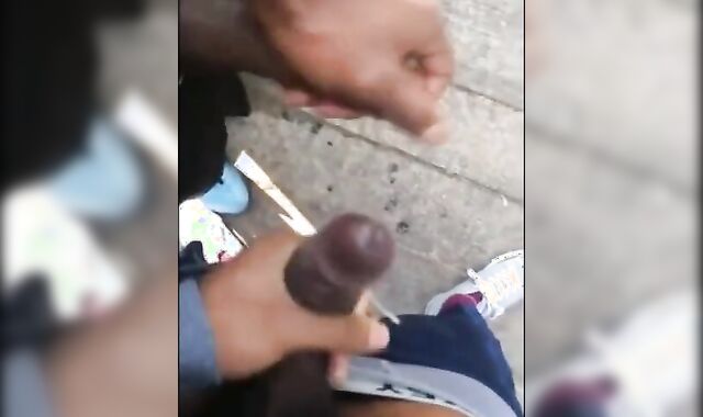 Black amateurs stroke big cocks outdoors