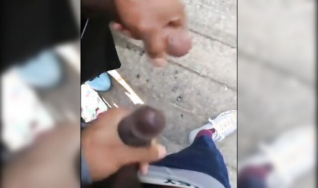 Black amateurs stroke big cocks outdoors