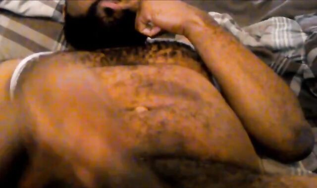 Hairy Black Man Jerks Off, Showing Off His Chest and Belly