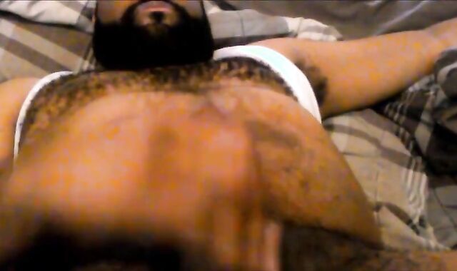 Hairy Black Man Jerks Off, Showing Off His Chest and Belly