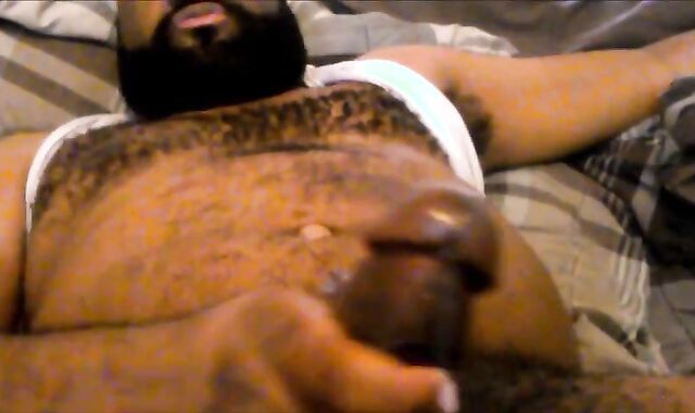 Hairy Black Man Jerks Off, Showing Off His Chest and Belly