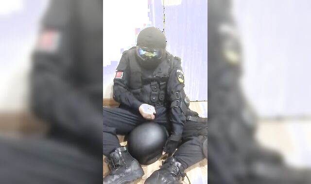 Gay Solo: swat soldier jerk off in uniform and hood