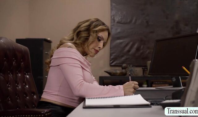 Slut secretary watches her TS boss jerking off