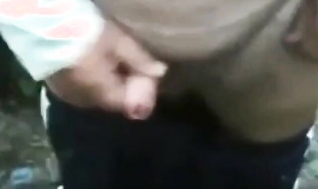 Old Man Strokes His Uncut Cock Outdoors