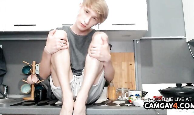 Bony Towheaded lad wanking off In web cam