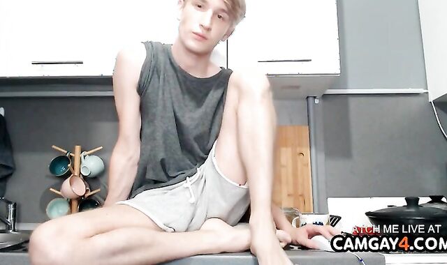 Bony Towheaded lad wanking off In web cam