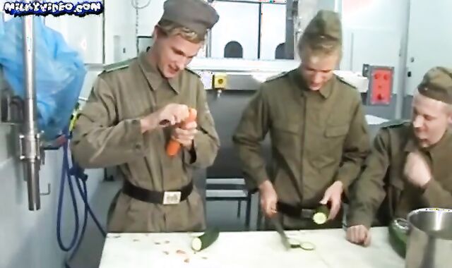 Trio ash-blonde Military masculines In Army Kitchen On Table sans a condom fuckin' And devouring Using Carrot