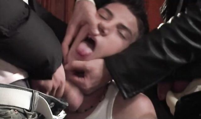 Dark Haired Stud Gulps Their Jizz