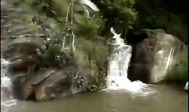 3 college-aged age teenies wazoo pulverize below A Waterfall