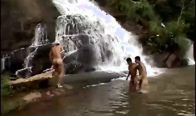 3 college-aged age teenies wazoo pulverize below A Waterfall