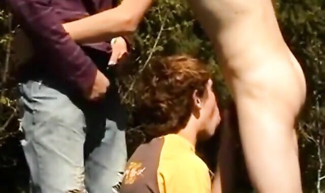 Outdoor three-way youthful queer teens