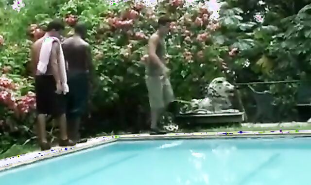 Spy monitors a pretty poolside three-way