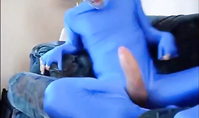 Masked Guy in Blue Zentai Suit Strokes Big Cock