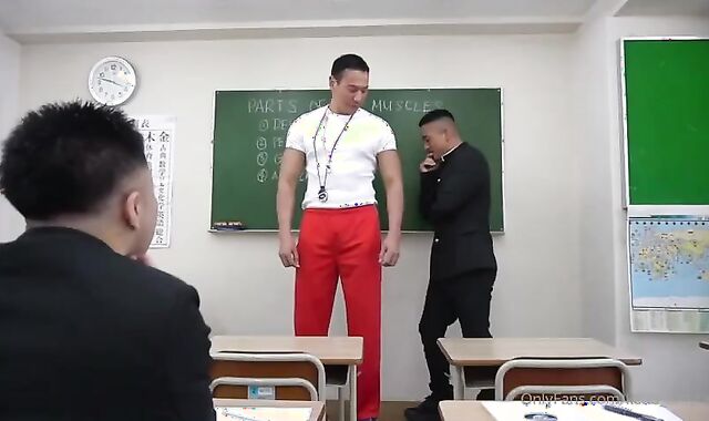 Wedging rock hard in company with muscle japanese jock