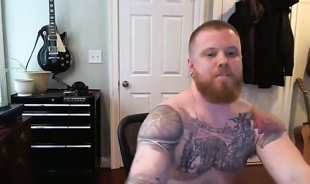 Ginger Inked Muscle Hairy man Shoots a load