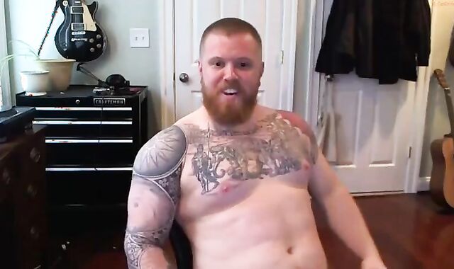 Ginger Inked Muscle Hairy man Shoots a load