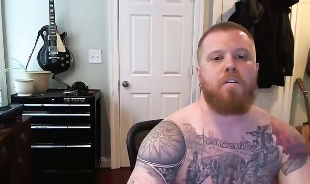 Ginger Inked Muscle Hairy man Shoots a load