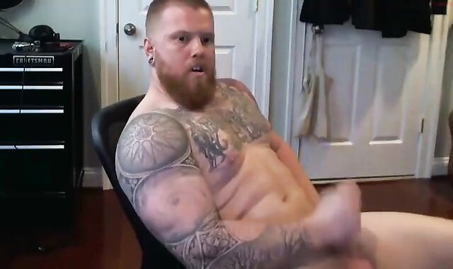 Ginger Inked Muscle Hairy man Shoots a load