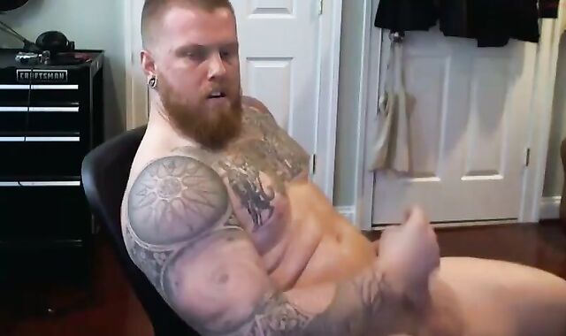 Ginger Inked Muscle Hairy man Shoots a load