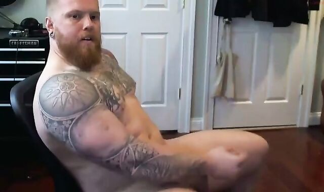 Ginger Inked Muscle Hairy man Shoots a load