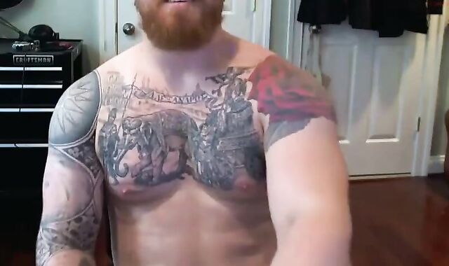 Ginger Inked Muscle Hairy man Shoots a load