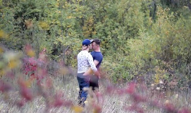Jizz shot on the nature accompanied by clean-shaven bitch