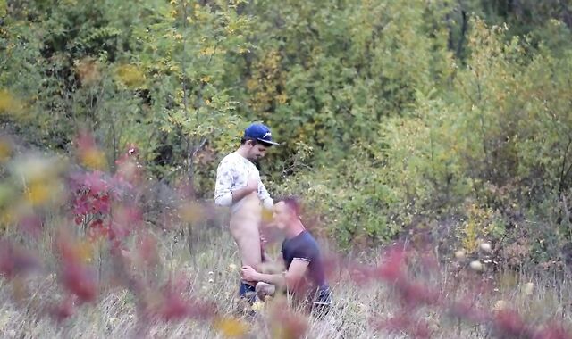 Jizz shot on the nature accompanied by clean-shaven bitch