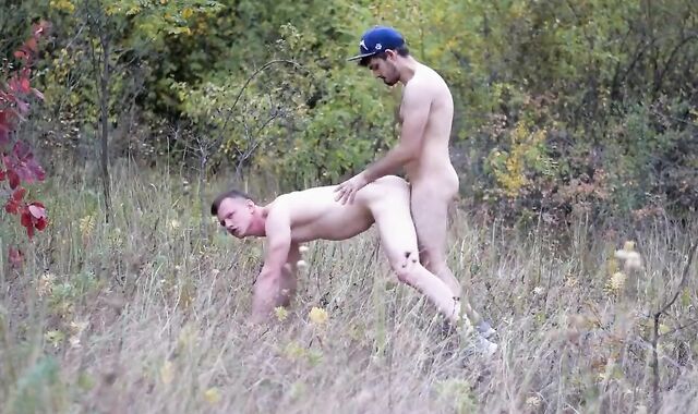Jizz shot on the nature accompanied by clean-shaven bitch