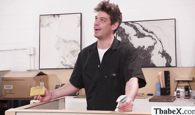 Lucky janitor fucks this horny TS boss late night