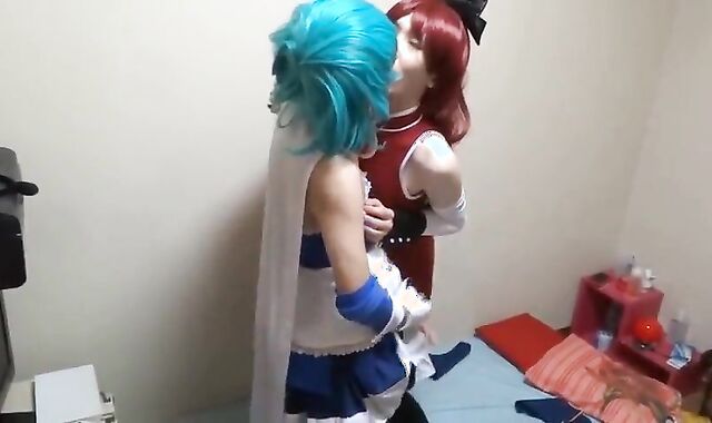 2 Asian Crossdressers Give a Handjob 2